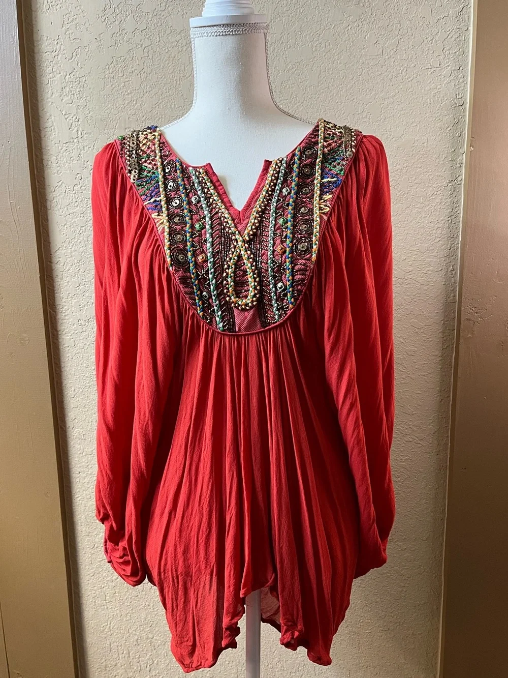Free People Fortune Teller Tunic Top Red Beaded Embroidered Boho Caftan